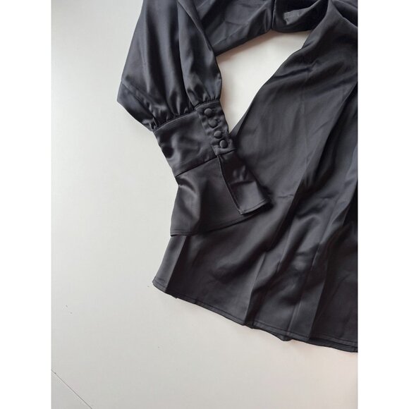 MAJORELLE Maritzia Black Satin Pleated Mini Fit & Flare Shirt Dress, Size L - Picture 7 of 11